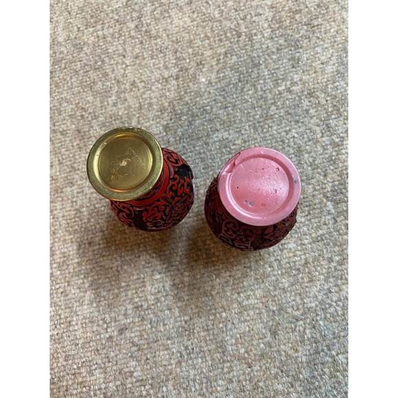 Tiny Red Japanese Brass Mouth Antique Hand Carved Vases - Picture 4 of 4